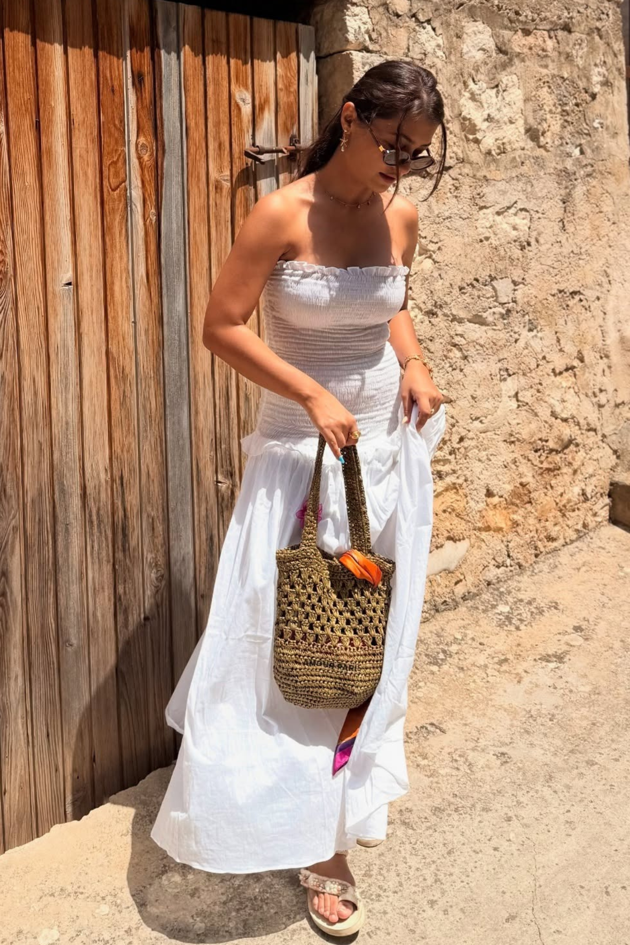 White Strapless Smocked Dress